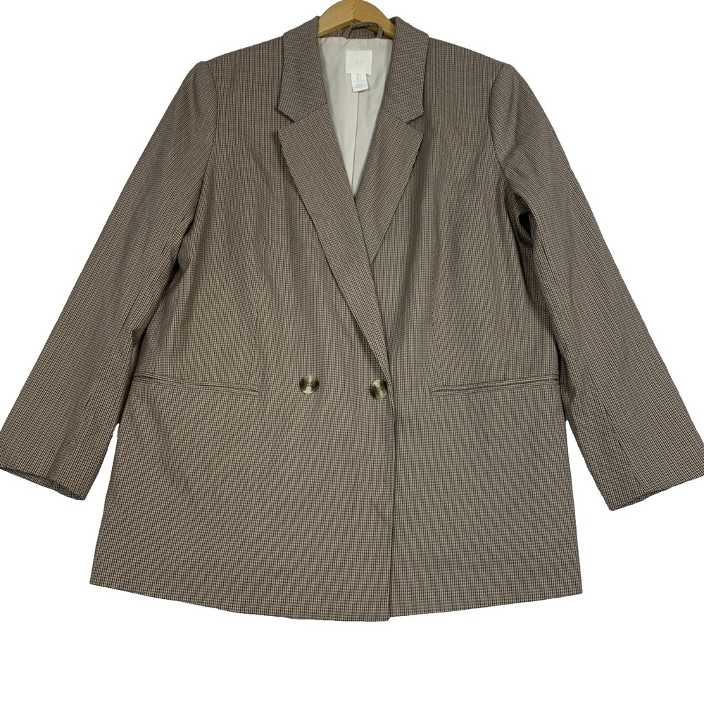 H&M Double-Breasted Micro-Houndstooth Blazer Jacket Women's Large Brown/Beige